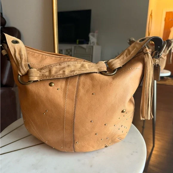 Coach Soho Hobo Vintage Tan Studded Crystal Shoulder Bag Suede Strap - Picture 2 of 9